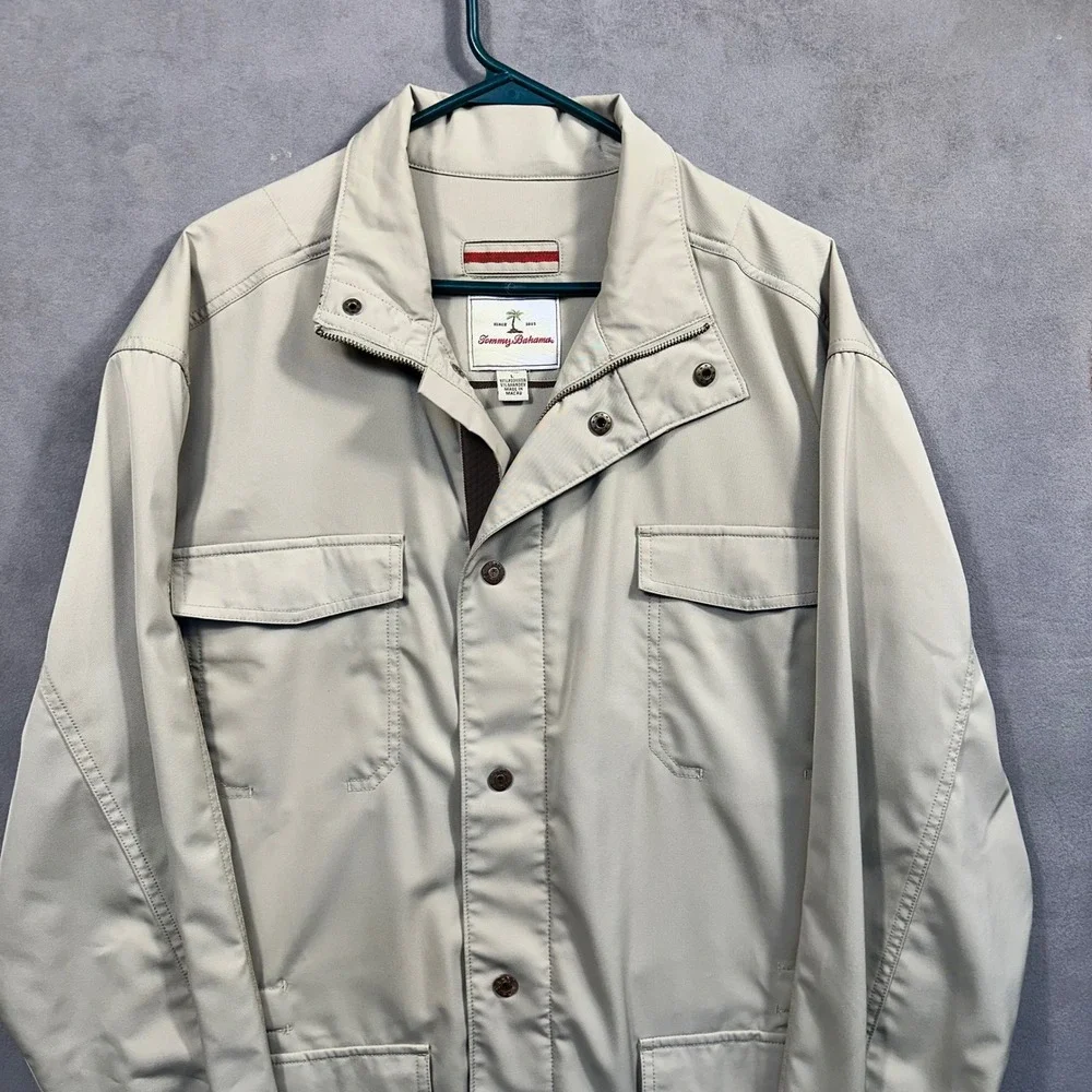 Tommy Bahama Field Jacket Mens Large Tan Utility Stretch Button Front Excellent